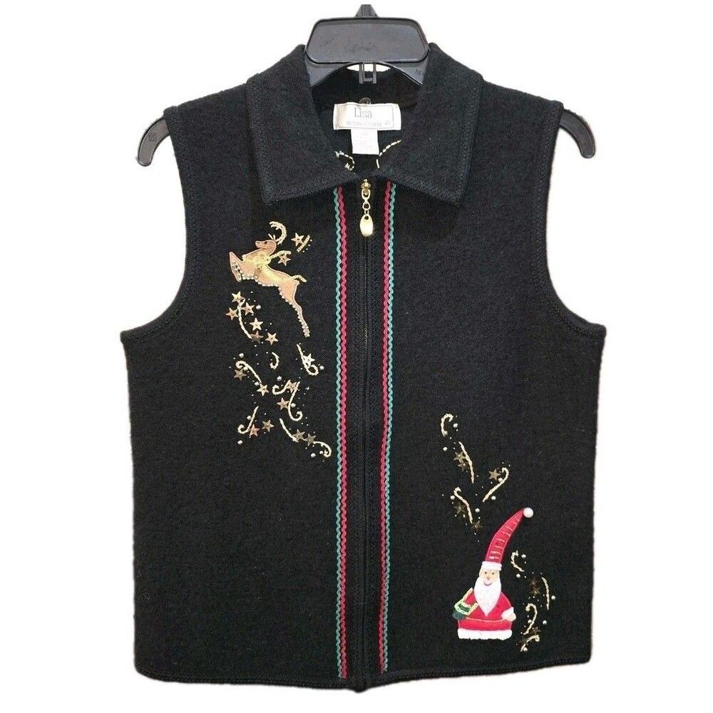 LISA INTERNATIONAL Sz M 100% Boiled Wool Full Zip Santa Reindeer Christmas Vest